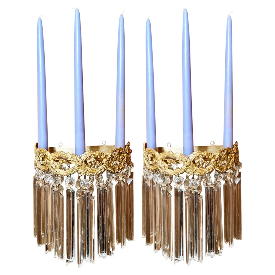 Pair Antique French Crystal and Gold Bronze Sconces, Circa 1890's For Sale