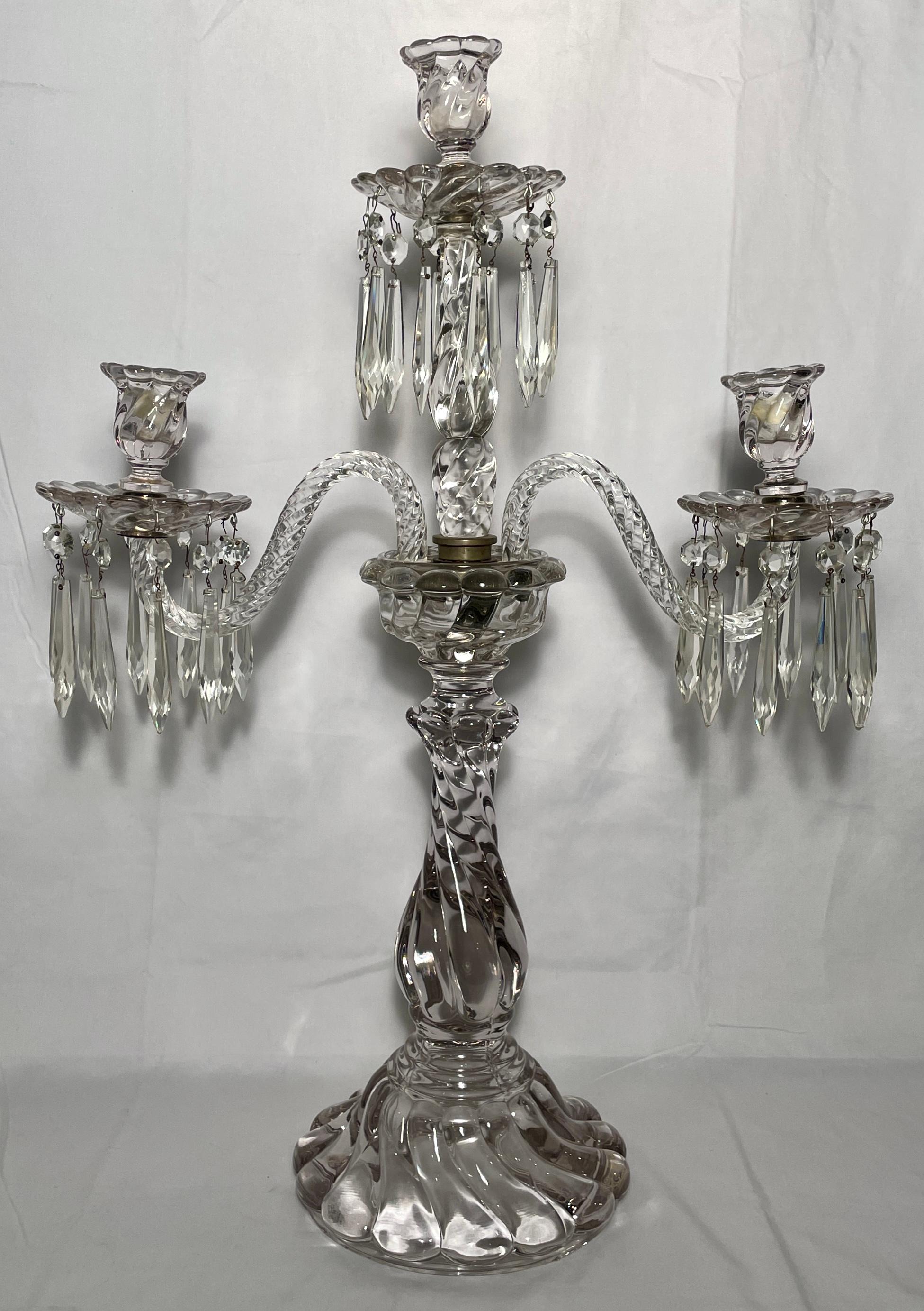 Pair antique french cut crystal 3 candle cup candelabra, circa 1890-1900.