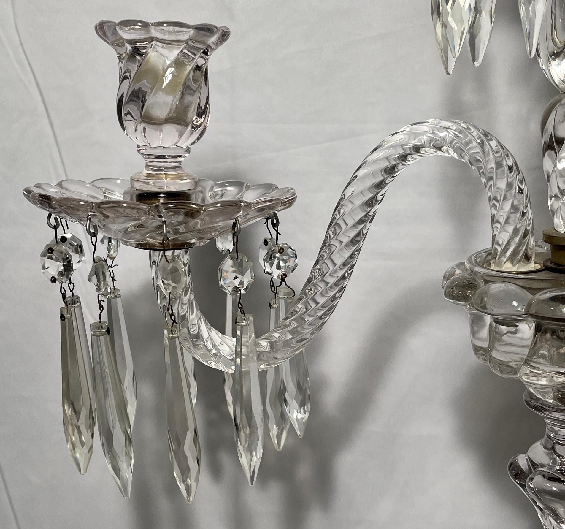 19th Century Pair Antique French Cut Crystal 3 Candle Cup Candelabra, circa 1890-1900
