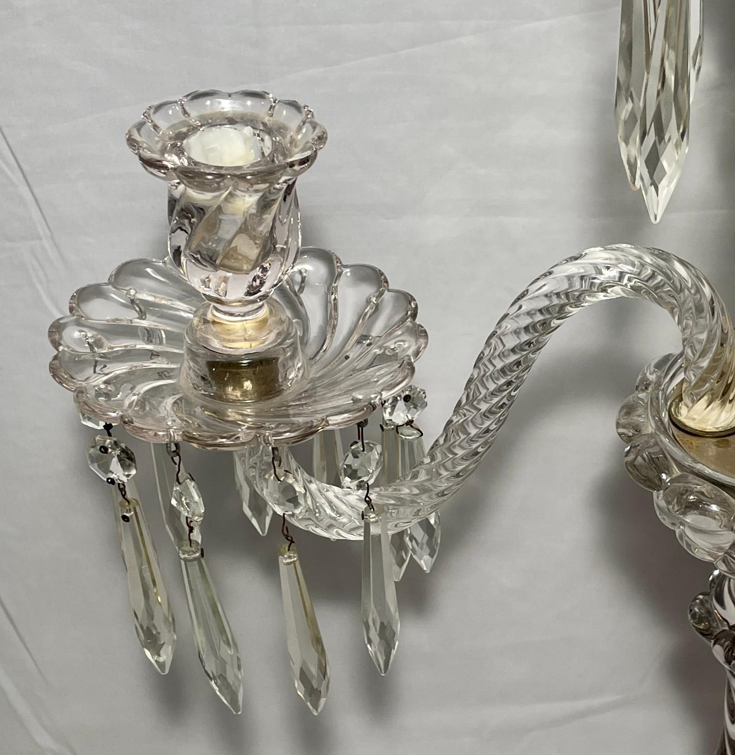 Pair Antique French Cut Crystal 3 Candle Cup Candelabra, circa 1890-1900 1
