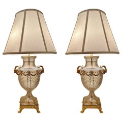 Pair Antique French Cut Crystal and Ormolu Lamps, Circa 1890's.