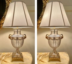 Pair Antique French Cut Crystal and Ormolu Lamps, Circa 1890's.