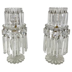 Pair Antique French Cut Crystal Candlesticks with Hanging Prisms Circa 1875-1895
