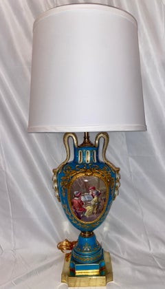 Pair Antique French Cyan Blue and Gold "Vieux Paris" Porcelain Lamps, Circa 1880