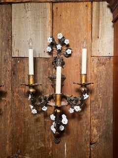 Pair Antique French Decorative Tole Scones with Porcelain Flowers