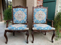 PAIR Antique French Dining Arm Chairs Louis XV Carved Oak Blue Persian textile