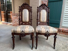Pair Antique French Dining Chairs Renaissance Carved Oak Black Forest c1880