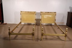 Pair Antique French Directoire Gilded Creme Painted European Twin Size Beds