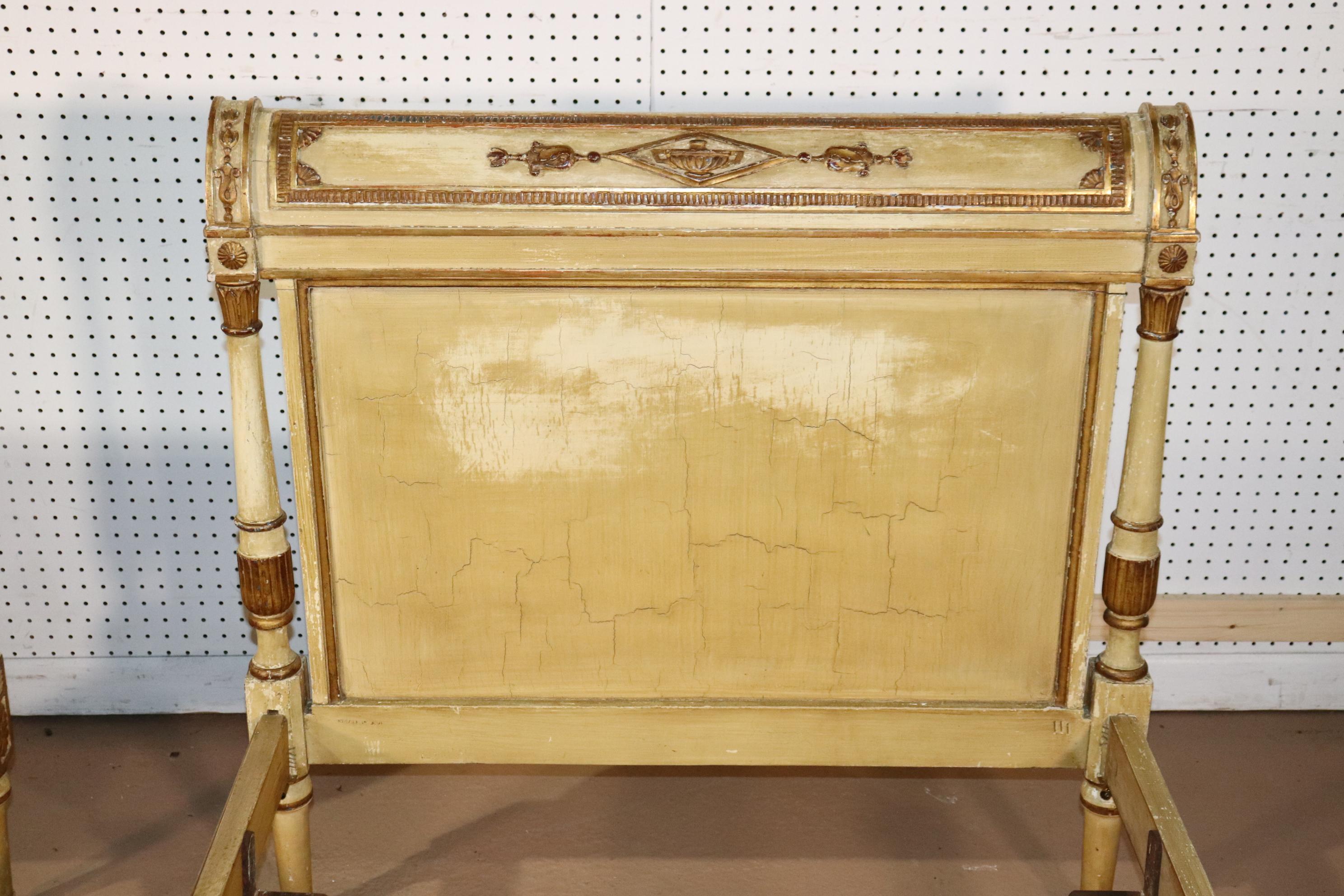 Pair Antique French Directoire Gilded Creme Painted European Twin Size Beds In Good Condition In Swedesboro, NJ