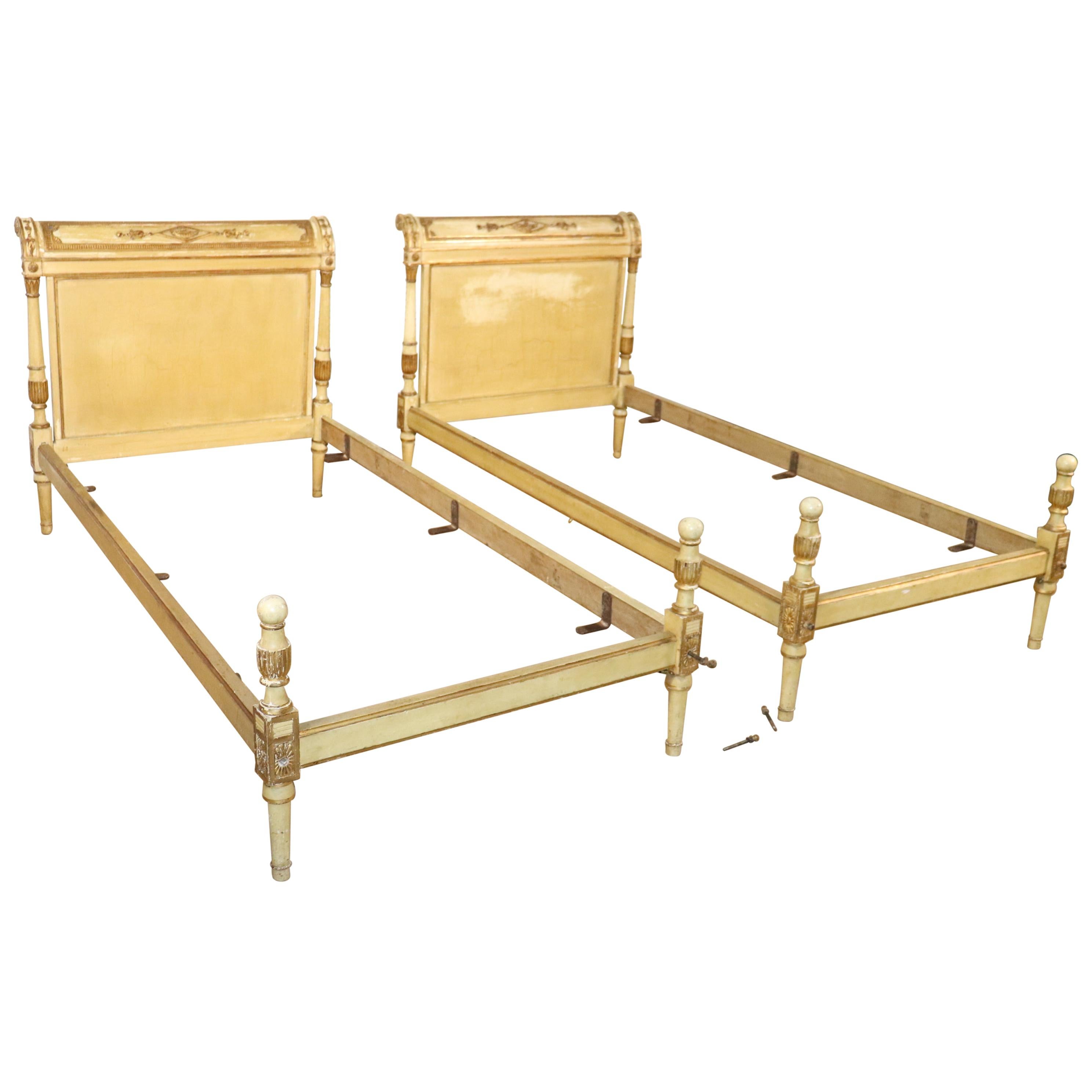 Pair Antique French Directoire Gilded Creme Painted European Twin Size Beds