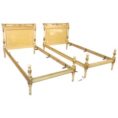 Pair Antique French Directoire Gilded Creme Painted European Twin Size Beds