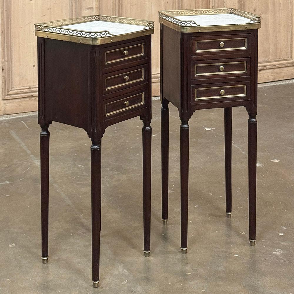 Hand-Crafted Pair Antique French Directoire Mahogany End Tables with Carrara Marble For Sale