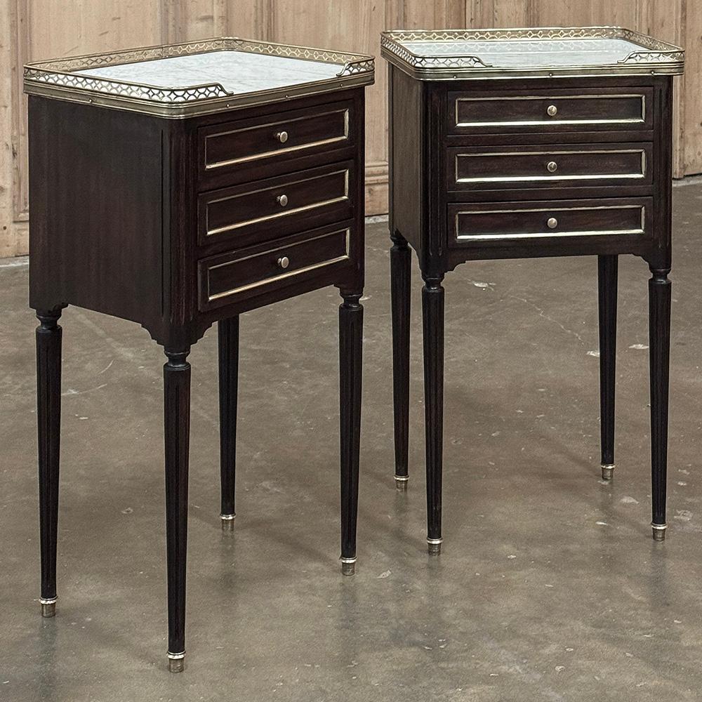 Hand-Crafted Pair Antique French Directoire Mahogany End Tables with Carrara Marble For Sale