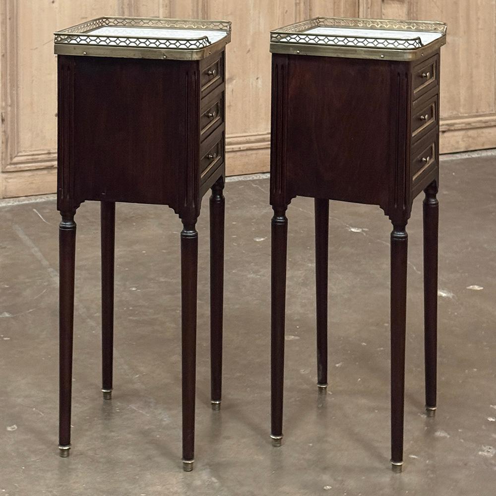 20th Century Pair Antique French Directoire Mahogany End Tables with Carrara Marble For Sale