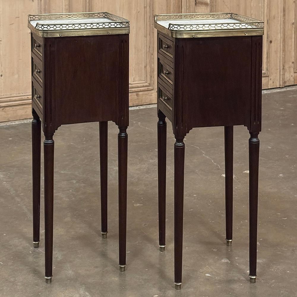 Brass Pair Antique French Directoire Mahogany End Tables with Carrara Marble For Sale