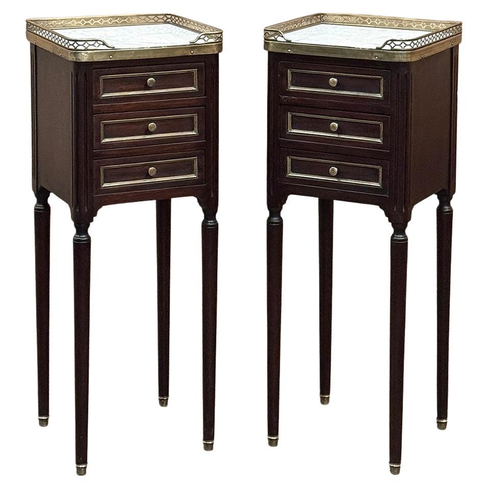 Pair Antique French Directoire Mahogany End Tables with Carrara Marble