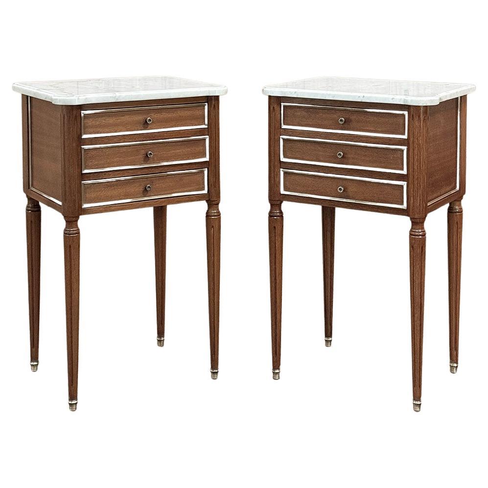 Pair Antique French Directoire Mahogany End Tables with Carrara Marble