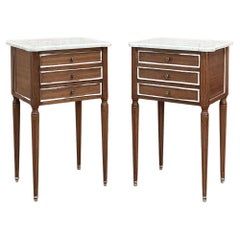 Pair Antique French Directoire Mahogany End Tables with Carrara Marble