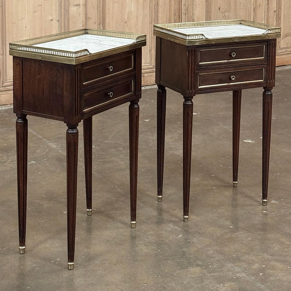 Hand-Crafted Pair Antique French Directoire Neoclassical End Tables with Carrara Marble For Sale