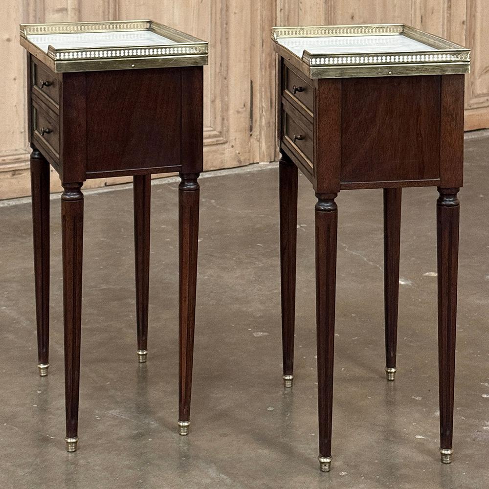 Brass Pair Antique French Directoire Neoclassical End Tables with Carrara Marble For Sale