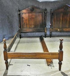 Antique French Directoire Style Solid Walnut Twin Single Beds, circa 1890s, Pair