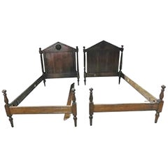 Antique French Directoire Style Solid Walnut Twin Single Beds, circa 1890s, Pair