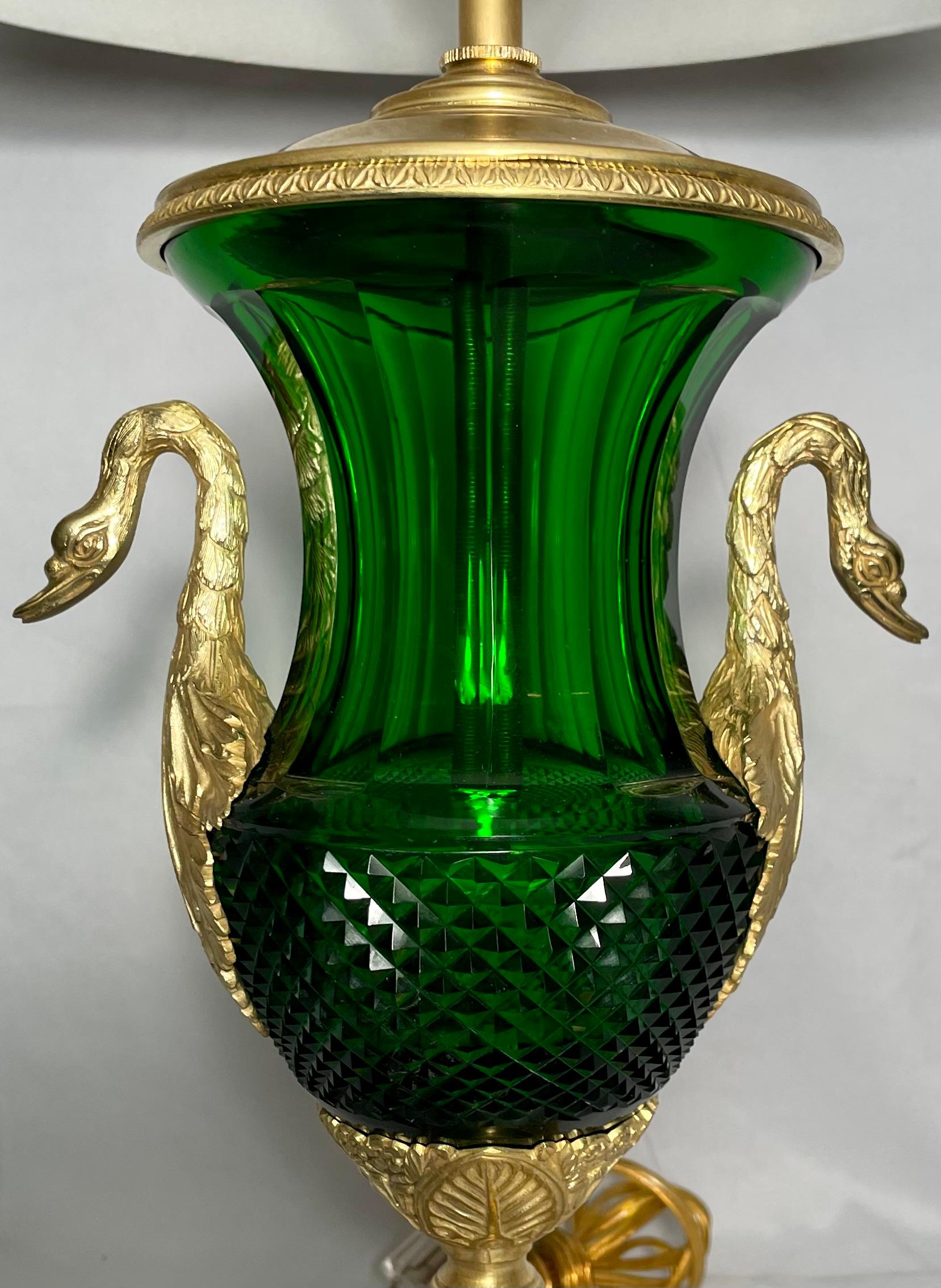 19th Century Pair Antique French Emerald Colored Baccarat Crystal & Gold Bronze Lamps, c 1890 For Sale