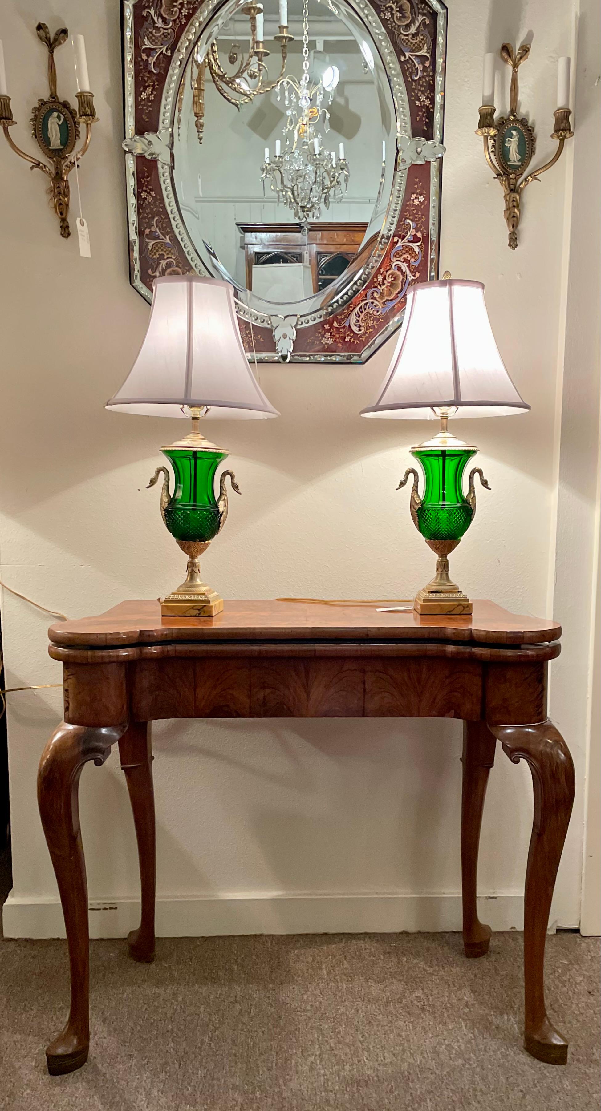 Pair Antique French Emerald Colored Baccarat Crystal & Gold Bronze Lamps, c 1890 For Sale 1