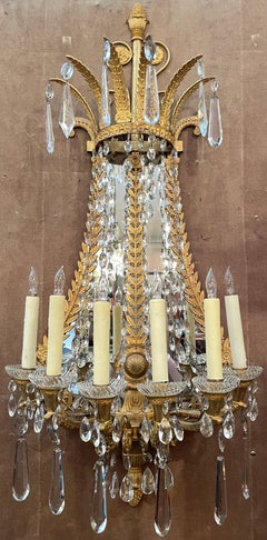 Pair Antique French Empire Bronze D' Ore and Crystal Wall Sconces, Circa 1890.