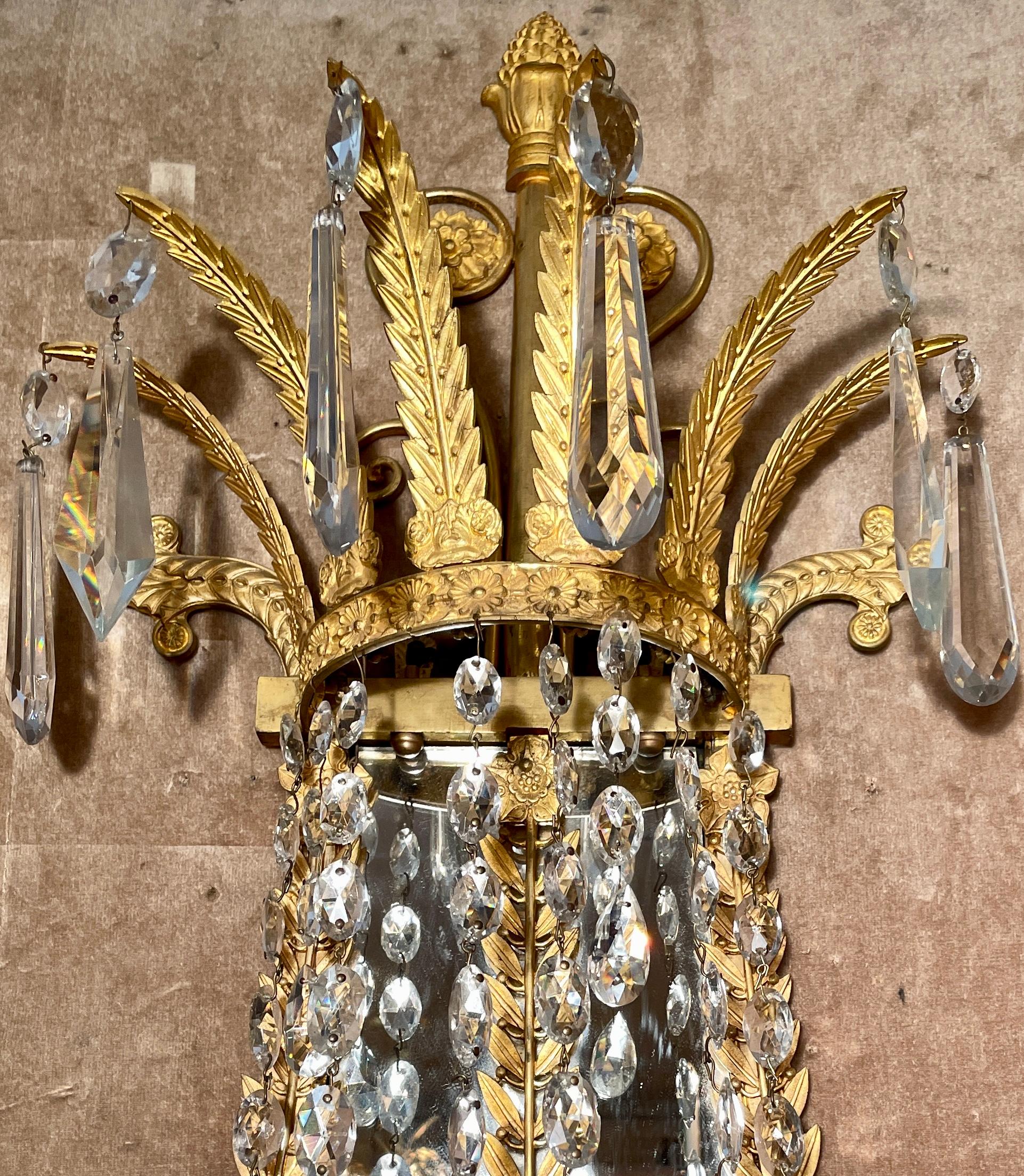 Pair Antique French Empire Bronze D' Ore and Crystal Wall Sconces, Circa 1890. In Good Condition For Sale In New Orleans, LA