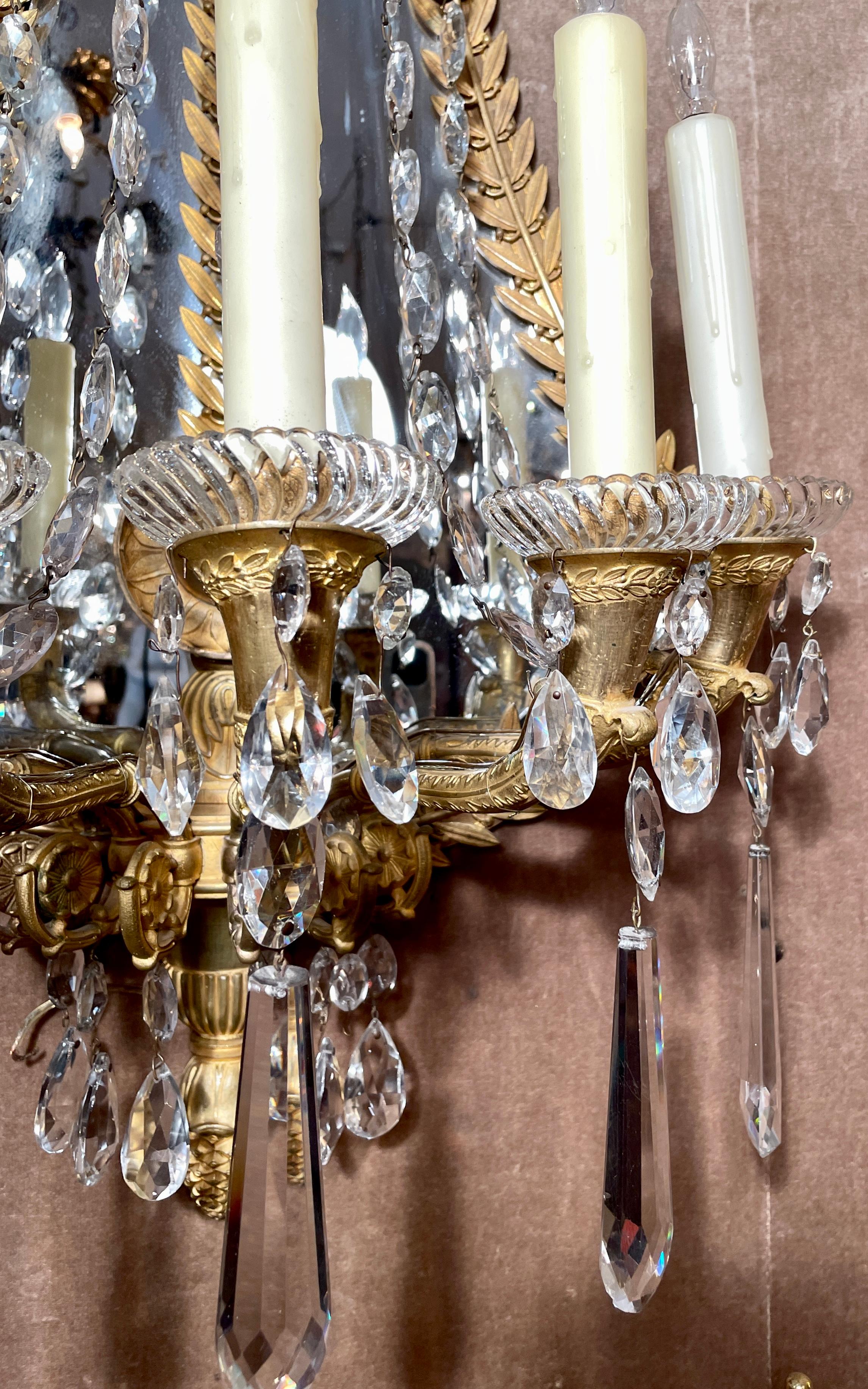Pair Antique French Empire Bronze D' Ore and Crystal Wall Sconces, Circa 1890. For Sale 1