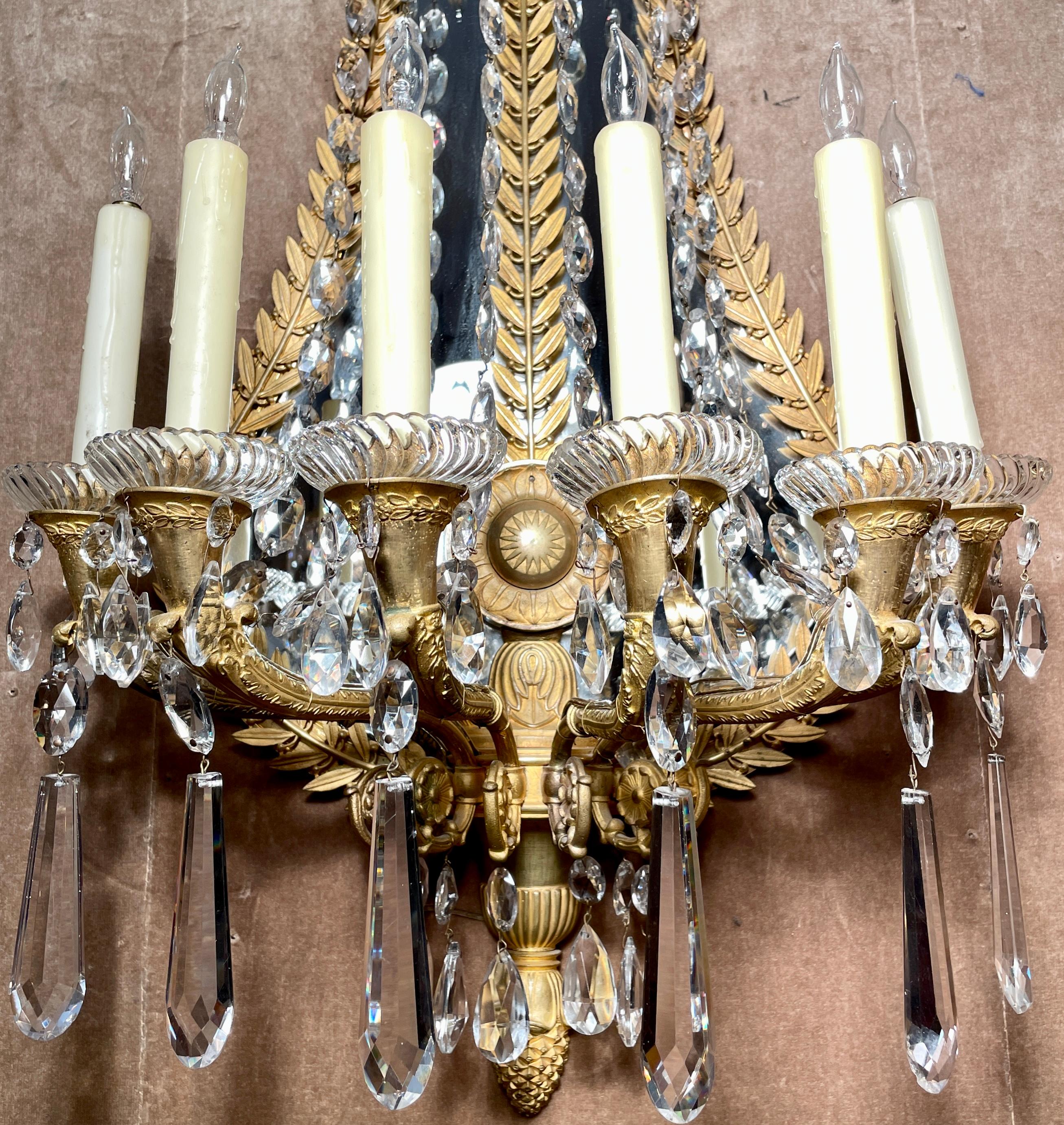 Pair Antique French Empire Bronze D' Ore and Crystal Wall Sconces, Circa 1890. For Sale 2