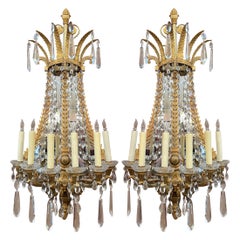 Pair Antique French Empire Bronze D' Ore and Crystal Wall Sconces, Circa 1890.