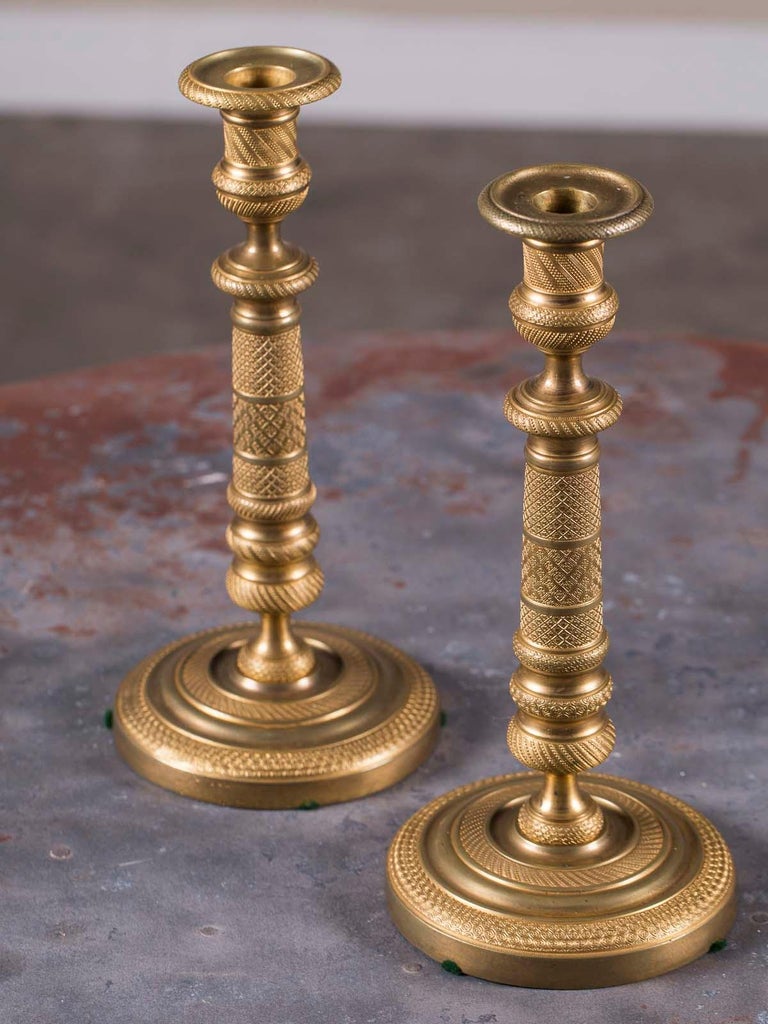 Pair Antique French Empire Bronze Doré Candlesticks, France, circa 1820