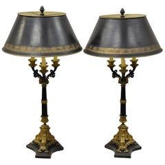 Pair of French Empire Bronze Tall Candelabras Table Lamps with Marble Bases