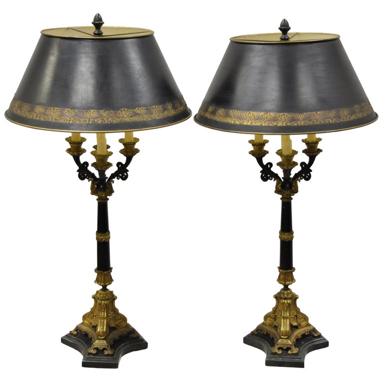 Pair of French Empire Bronze Tall Candelabras Table Lamps with Marble