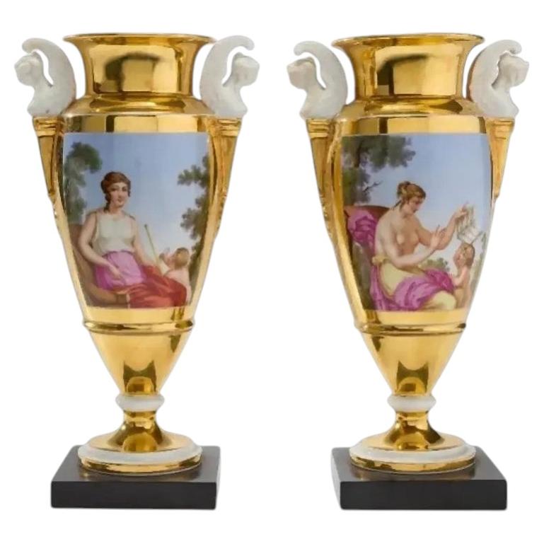 Pair Antique French Empire Early 19th Century Paris Porcelain Vases or Urns