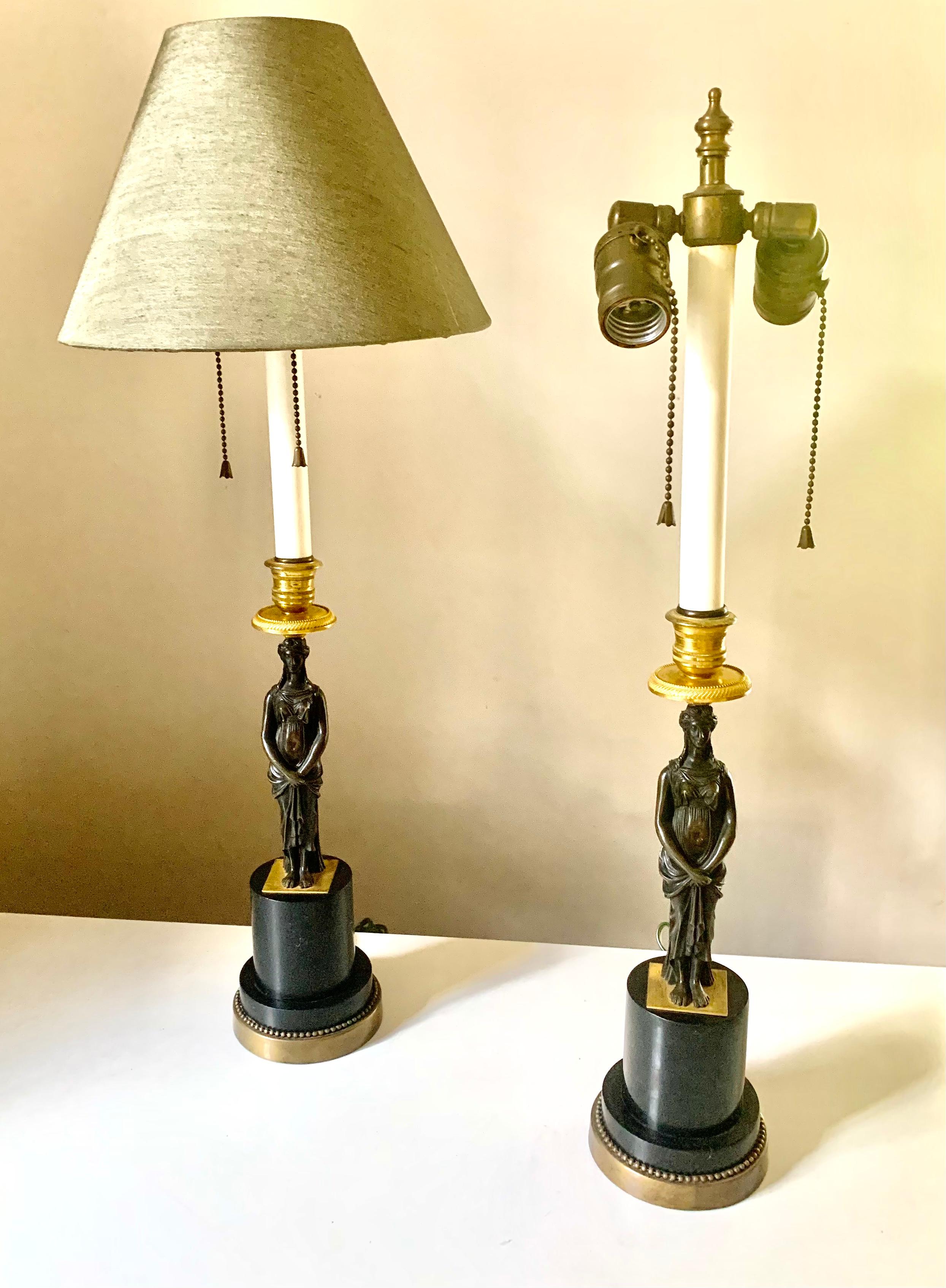 Pair Antique French Empire Gilt and Patinated Bronze Figural Table Lamps For Sale 6