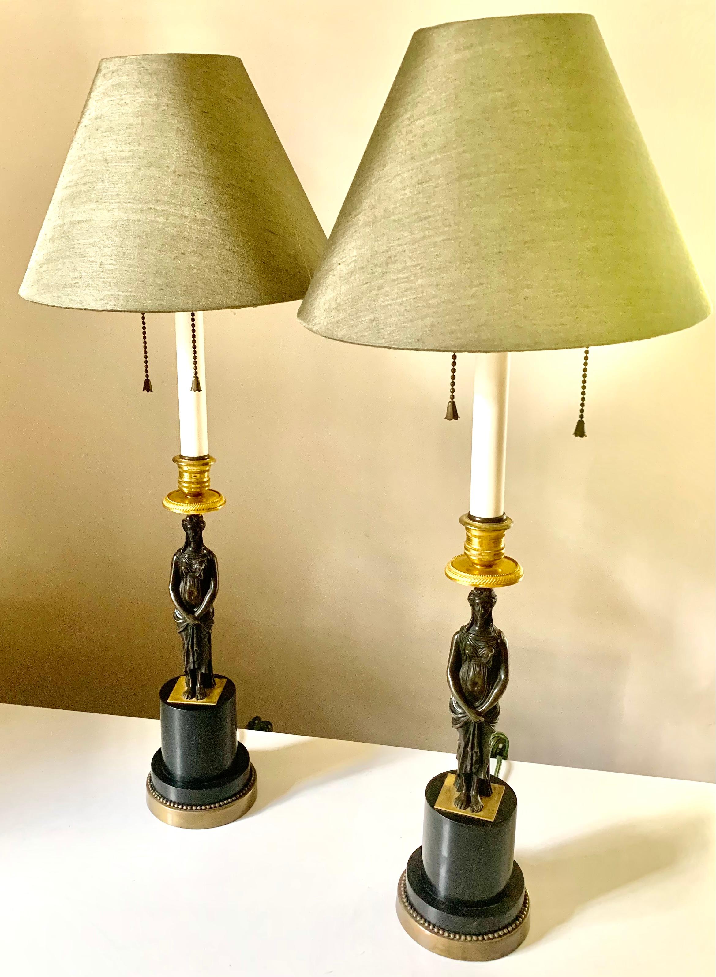 Pair Antique French Empire Gilt and Patinated Bronze Figural Table Lamps For Sale 7