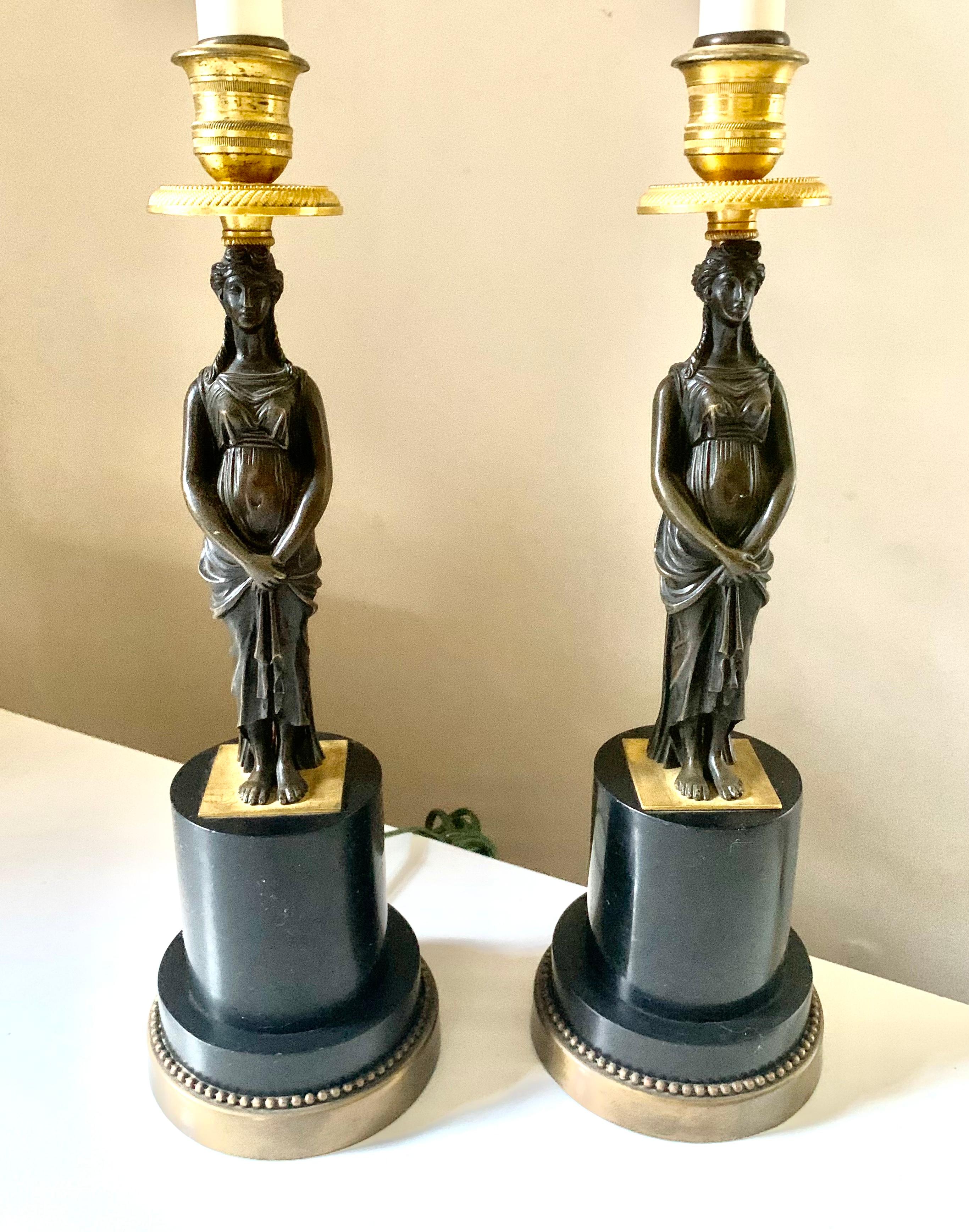 19th Century Pair Antique French Empire Gilt and Patinated Bronze Figural Table Lamps For Sale