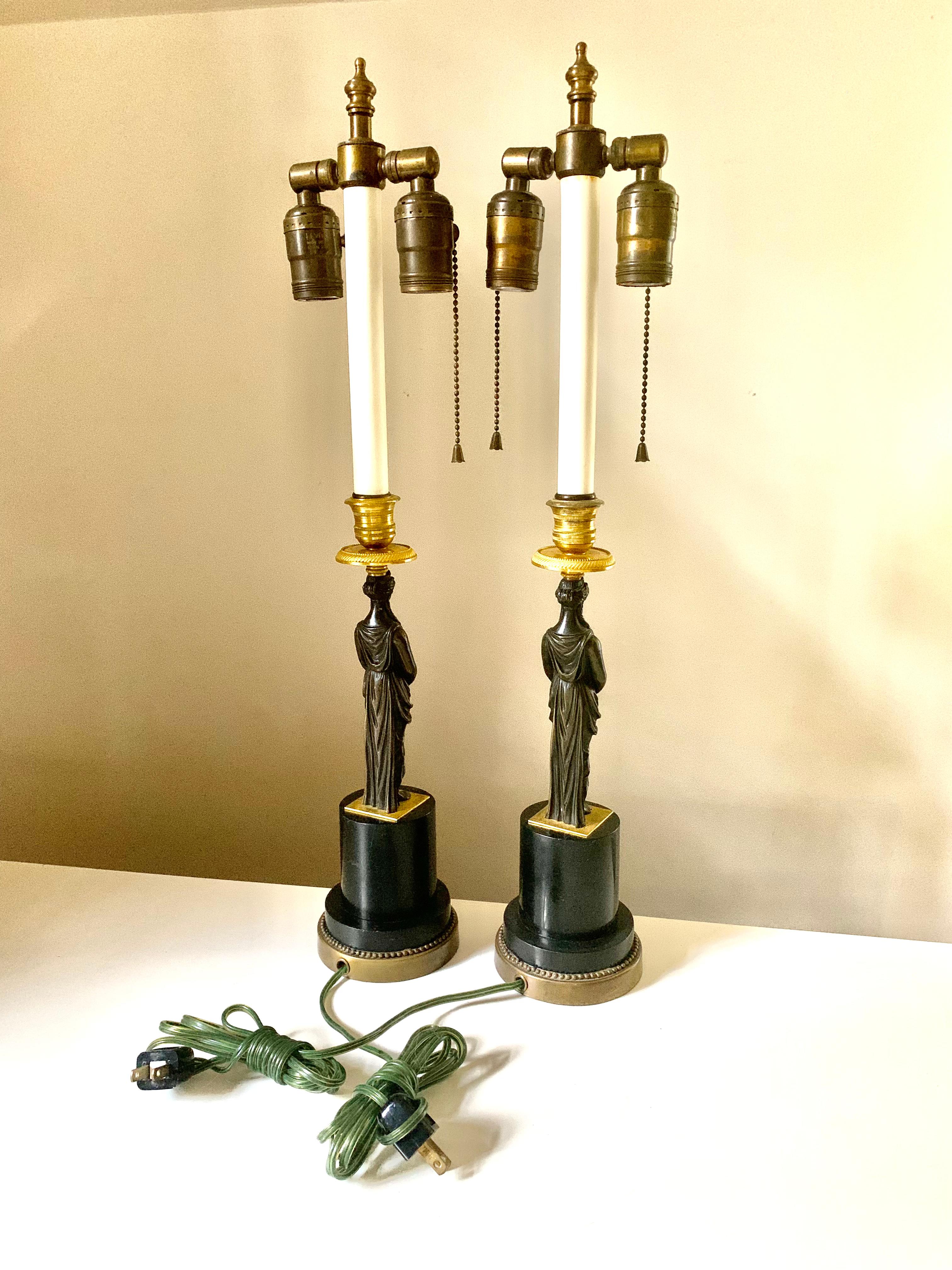 Pair Antique French Empire Gilt and Patinated Bronze Figural Table Lamps For Sale 1