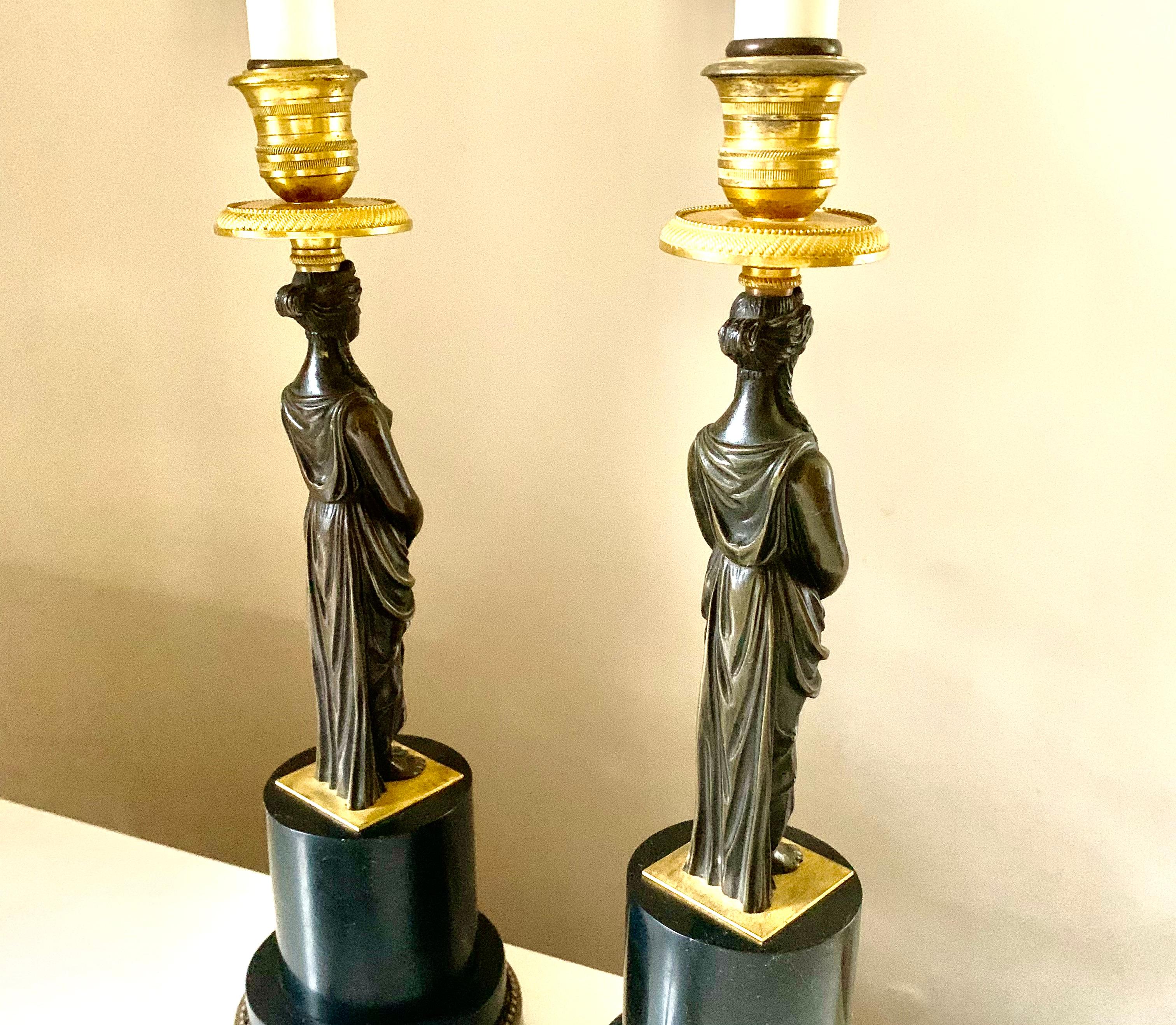 Pair Antique French Empire Gilt and Patinated Bronze Figural Table Lamps For Sale 3