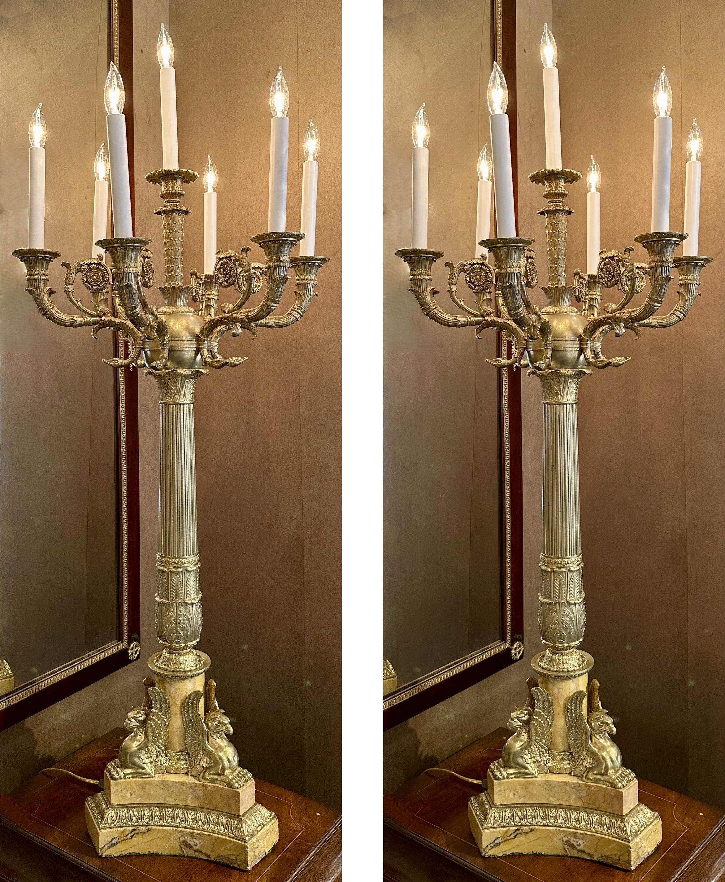 Pair Magnificent Antique French Empire Gold Bronze & Marble Candelabra, Circa 1890.