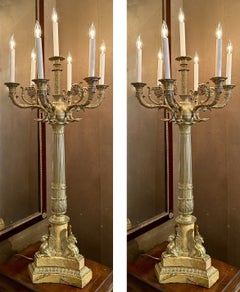 Pair Antique French Empire Gold Bronze and Marble Candelabra, Circa 1890.
