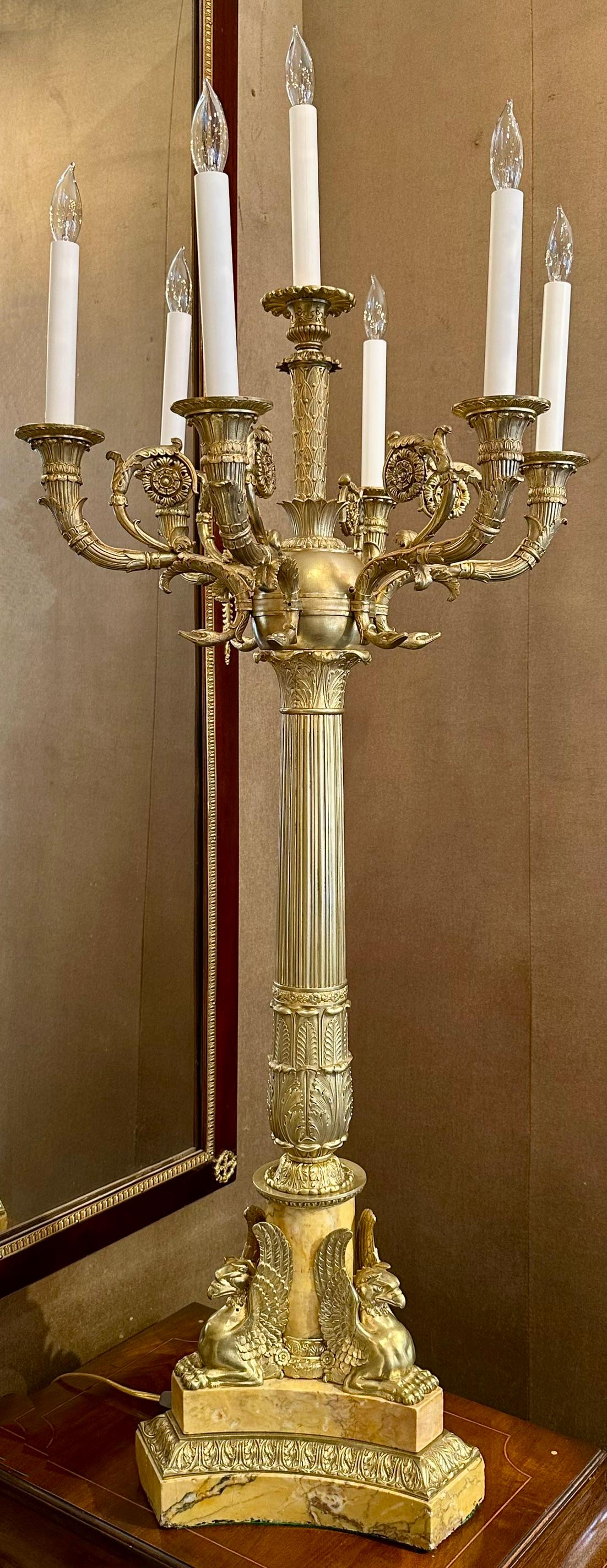 19th Century Pair Antique French Empire Gold Bronze and Marble Candelabra, Circa 1890. For Sale