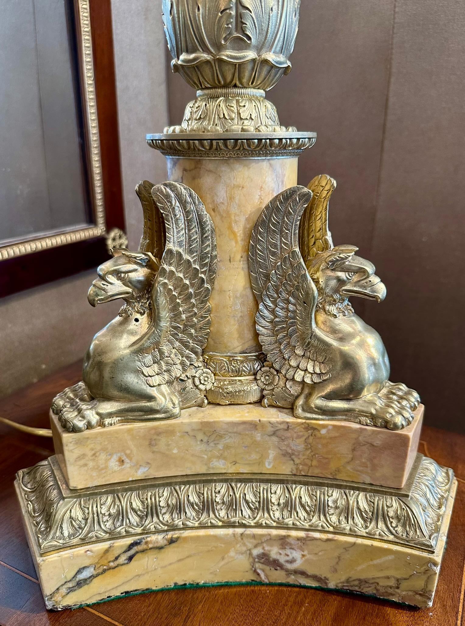 Pair Antique French Empire Gold Bronze and Marble Candelabra, Circa 1890. For Sale 1