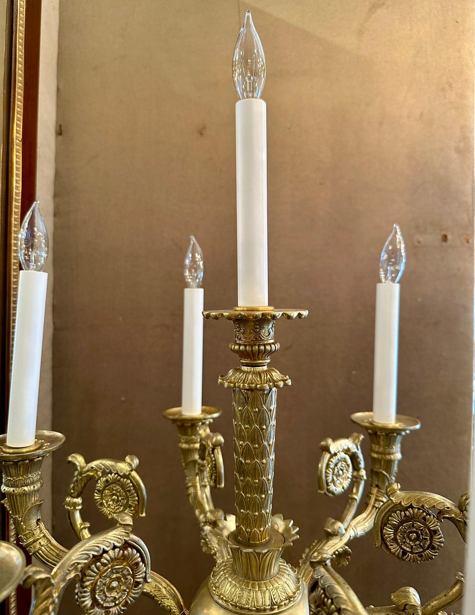 Pair Antique French Empire Gold Bronze and Marble Candelabra, Circa 1890. For Sale 3