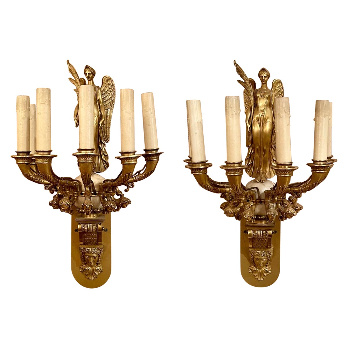 Pair Antique French Empire Gold Bronze and Marble Sconces, Circa 1830-1850.