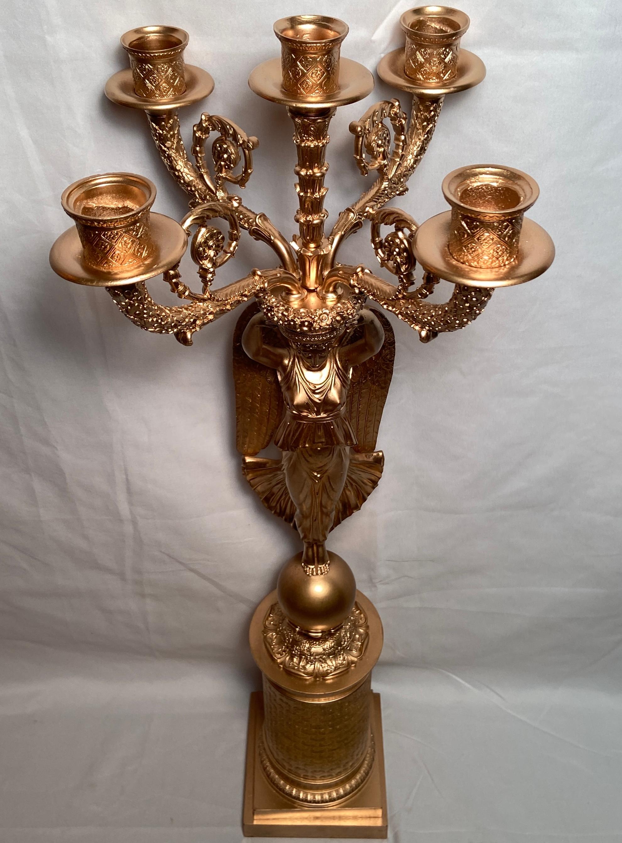 Pair Antique French Empire Gold Bronze Candelabra, circa 1890 In Good Condition For Sale In New Orleans, LA
