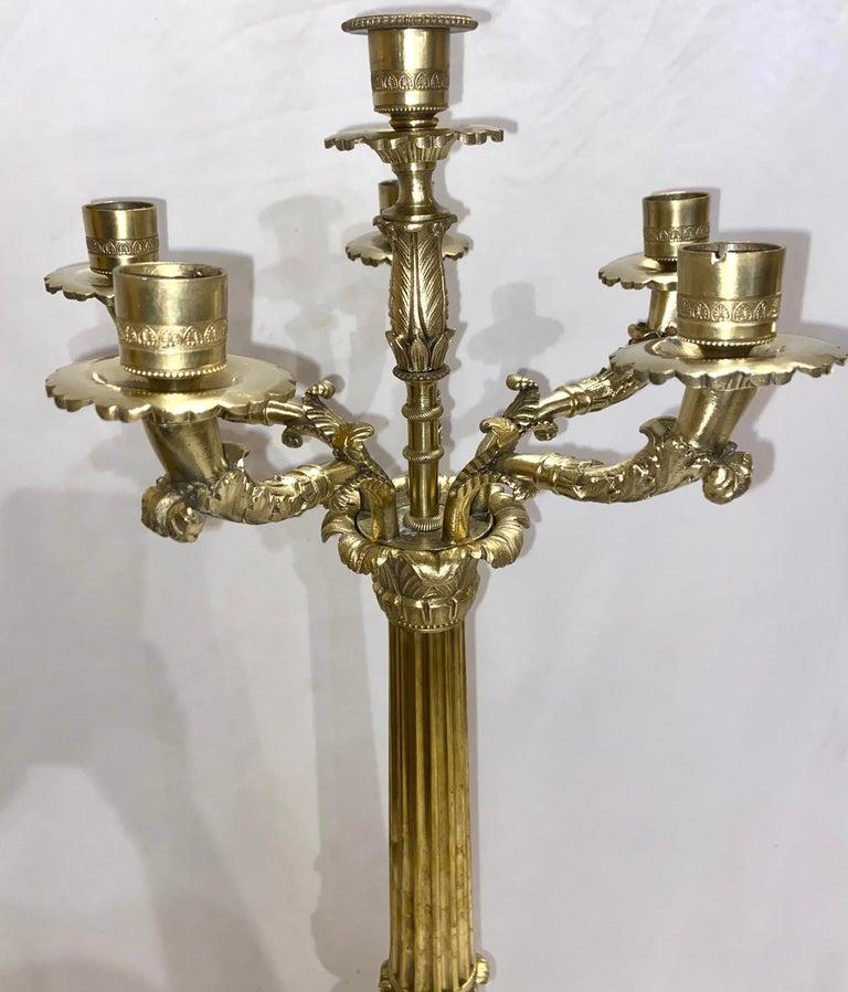 Pair Antique French Empire Gold Bronze Candelabra Lamps, Circa 1890-1900 In Good Condition For Sale In New Orleans, LA